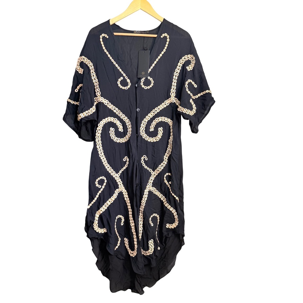 Vix Paula Hermanny Black Braid Detail Long Cover Up Dress Embroidered Small NWT